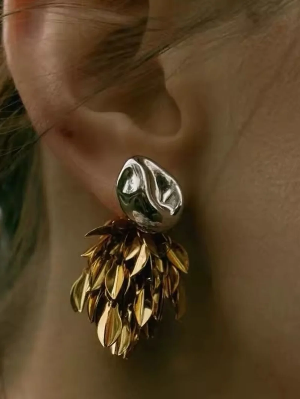 Gold and Silver Leaf Cluster Drop Earrings - Picture 3 of 11